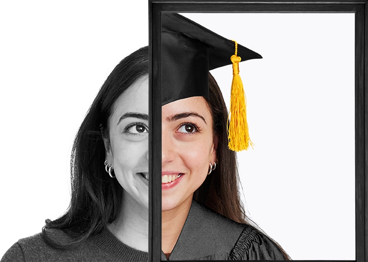A graduating student in a cap and gown