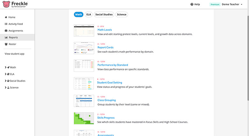 Freckle Teacher dashboard screenshot