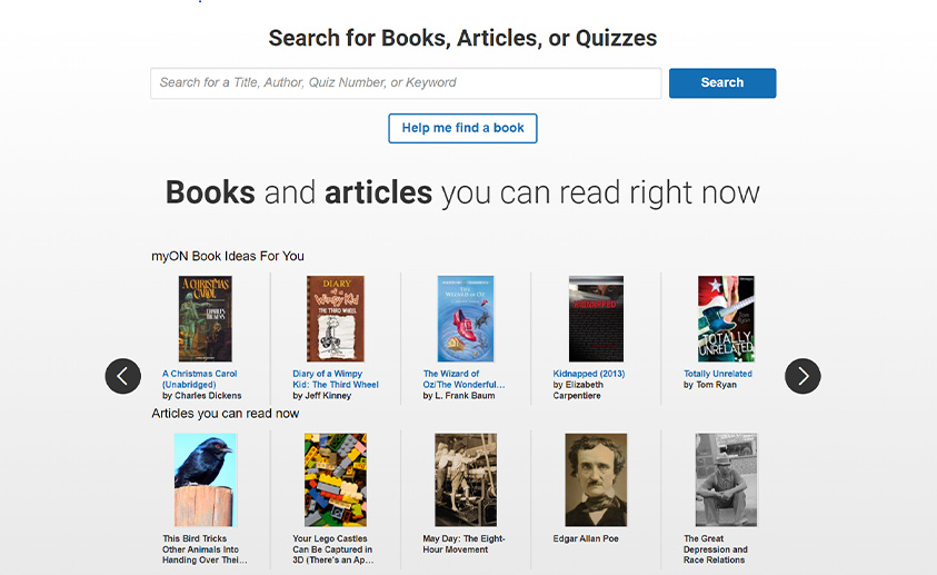 Accelerated Reader find a book, article, or quiz screenshot.