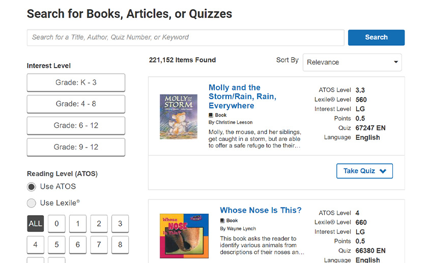 Accelerated Reader advanced search screenshot