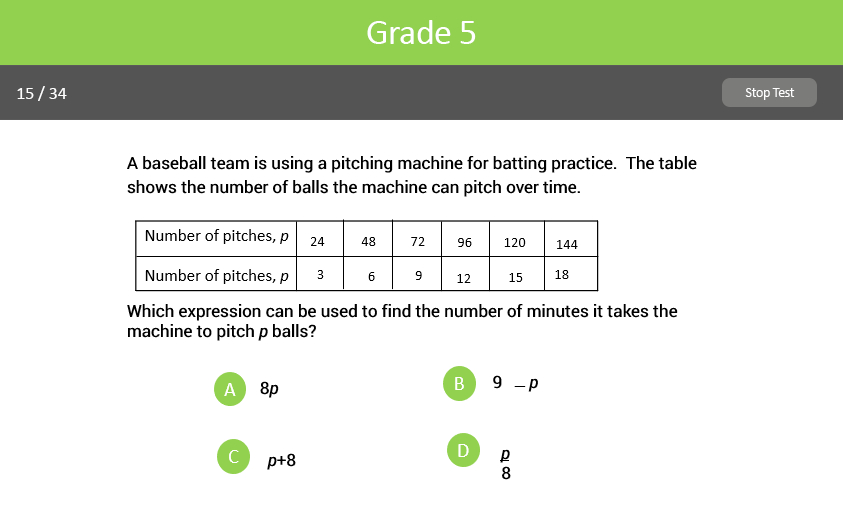 Grade 5 algebra test sample screenshot