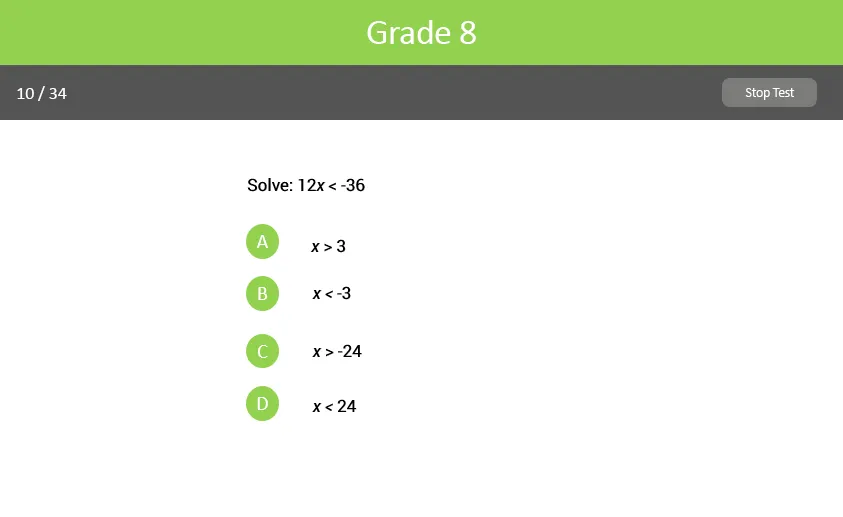 Grade 8 algebra test sample screenshot