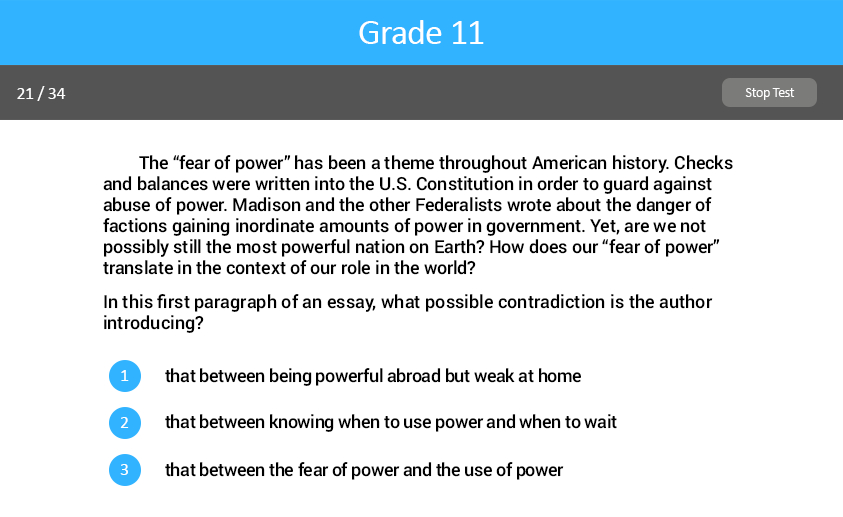 Analyzing Argument and Evaluating Text Grade Four test screenshot.