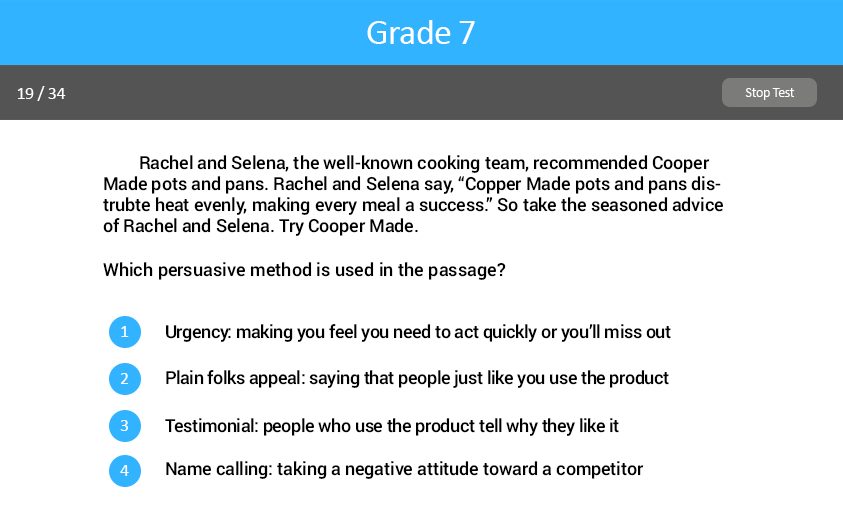 Analyzing Argument and Evaluating Text Grade Seven test screenshot.