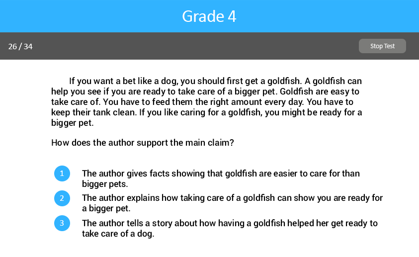 Analyzing Argument and Evaluating Text  Grade Eleven test screenshot.
