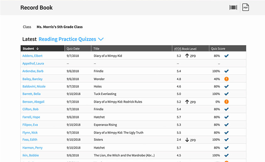 Accelerated Reader record book screenshot.