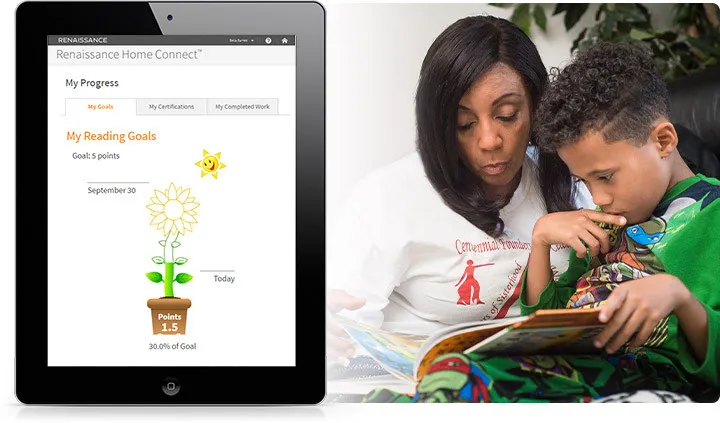 A side-by-side image: left, a screenshot of a student’s reading progress in Accelerated Reader; right, a woman reading a book with a young child at home.