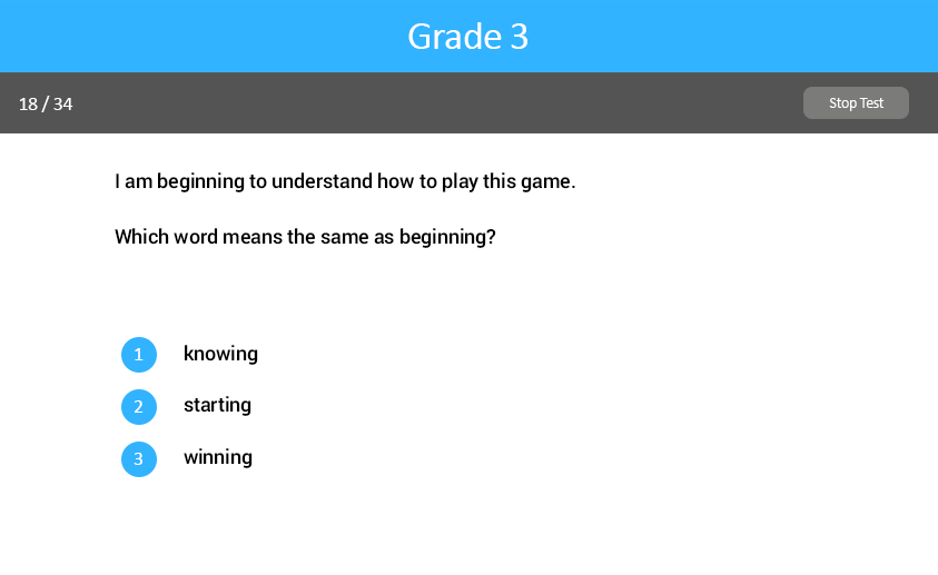 Word Knowledge and Skills Grade Three test screenshot.
