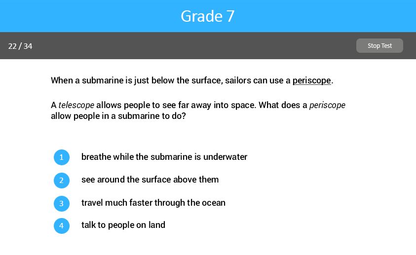 Word Knowledge and Skills Grade Seven test screenshot.