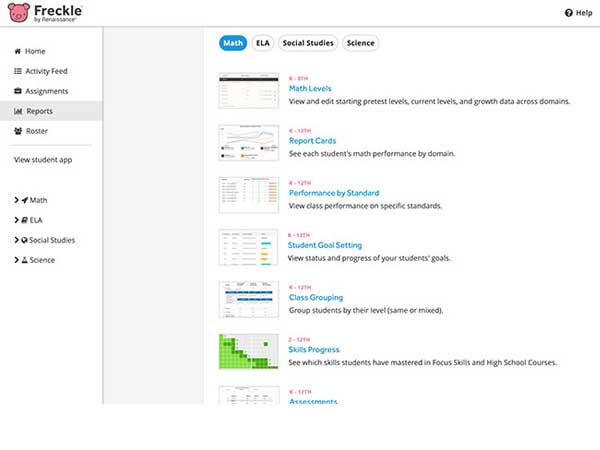 Freckle Teacher dashboard screenshot