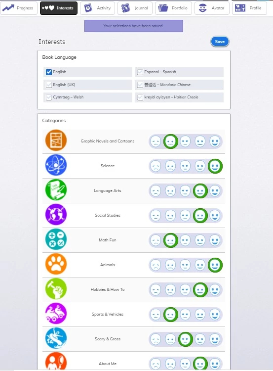 myON Recommendations screenshot - interest survey