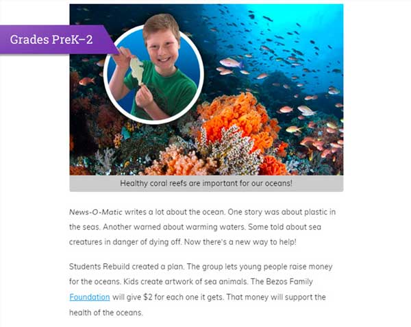 myON News screenshot - Grades Pre-K-2 level.