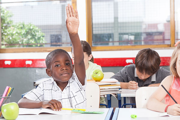 Boy with hand up in class