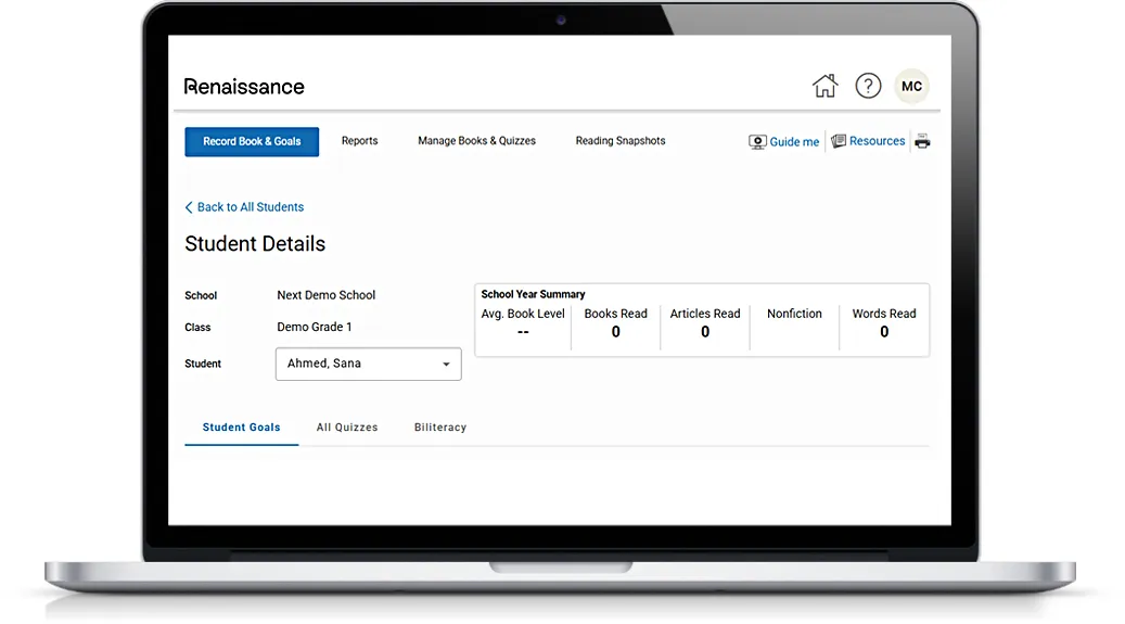 Accelerated Reader personalized dashboards and reports on a laptop
