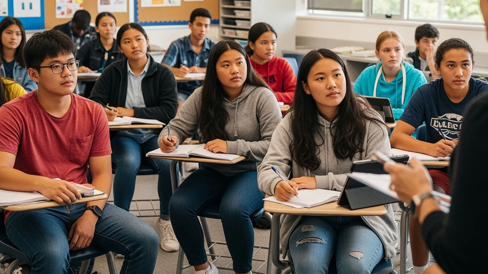 attentive students sitting at their desks listening to a teacher