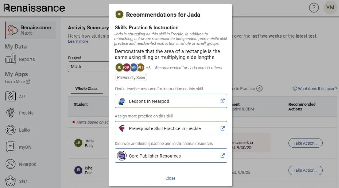 Renaissance Next integrating Freckle and Nearpod