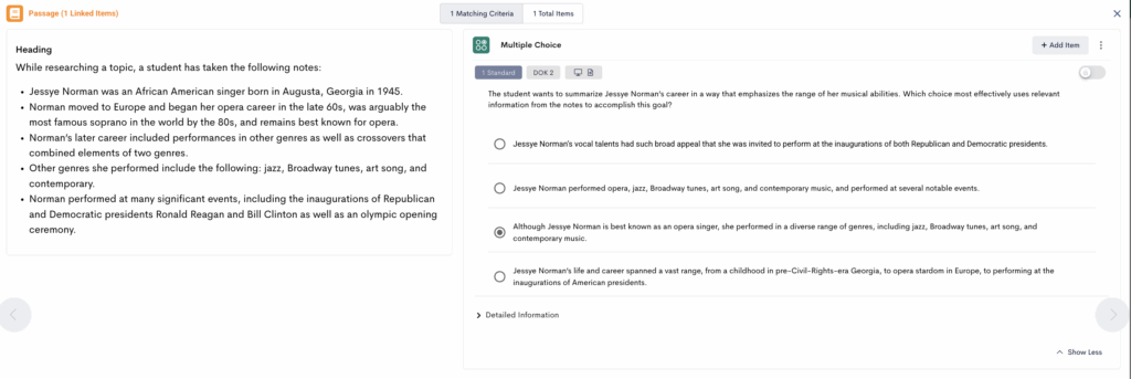 Screenshot example of a passage and multiple-choice item