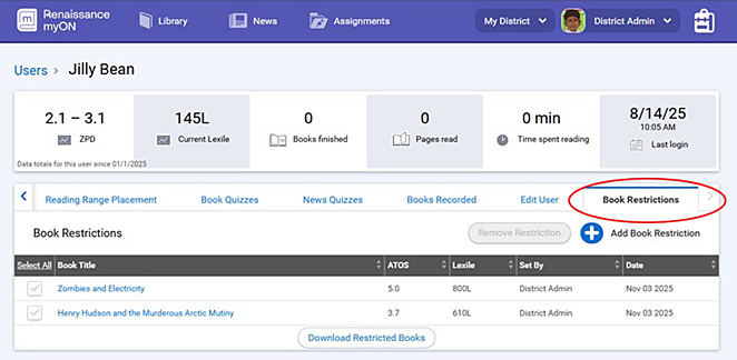 An image of the myON assignments dashboard showing the details of the student record with the new restrictions column