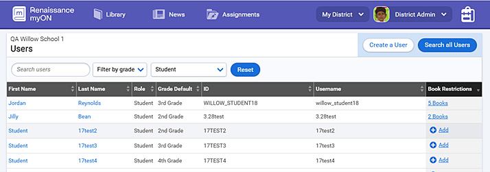 An image of the myON assignments dashboard showing the new book restrictions column