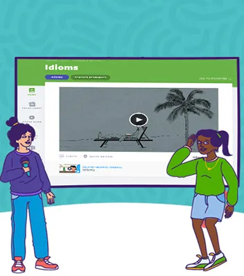 an animated image of a teacher and student with a video screen