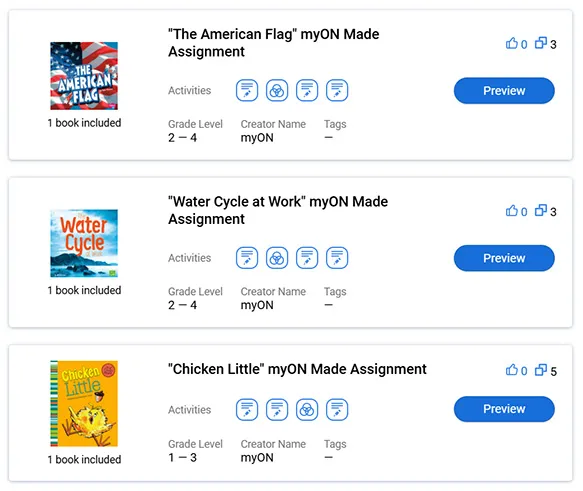 A sampling of myON Made assignments showing colorful book covers and activities for various grades