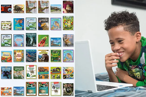 Side-by-side images showing an iPad displaying myON book options and a student reading on a laptop at home
