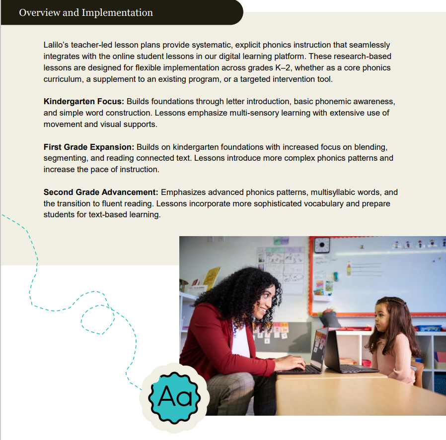 An image of the Lalilo Teacher's Guide Overview and Implementation page