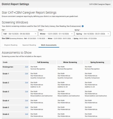 Screenshot of Star CAT + Star CBM Caregiver Report Settings
