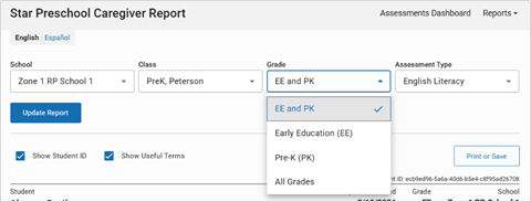 Star Preschool Literacy Caregiver Report options
