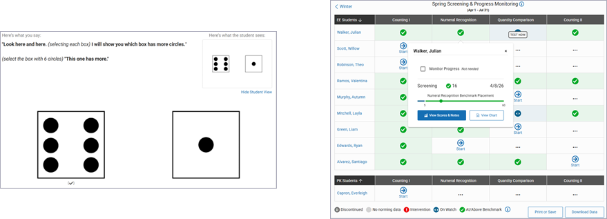 Star Preschool Numeracy Quantity Comparison sample test item and Star Preschool Numeracy teacher dashboard